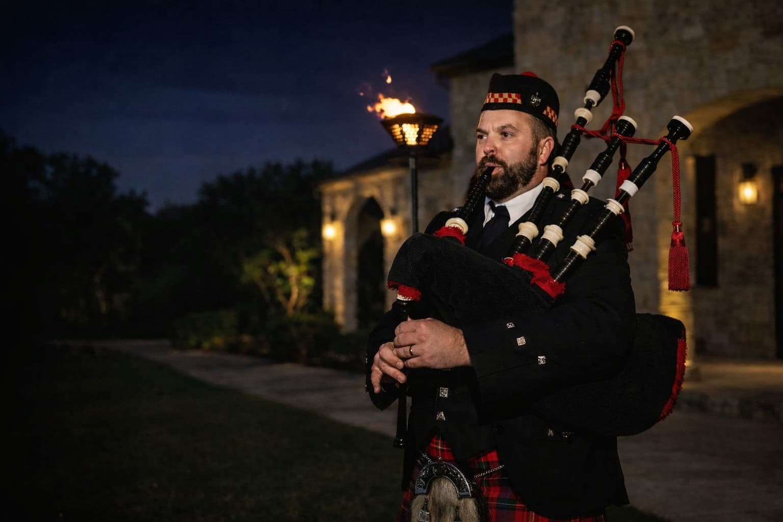 Highland bagpiper performing in Austin, Texas