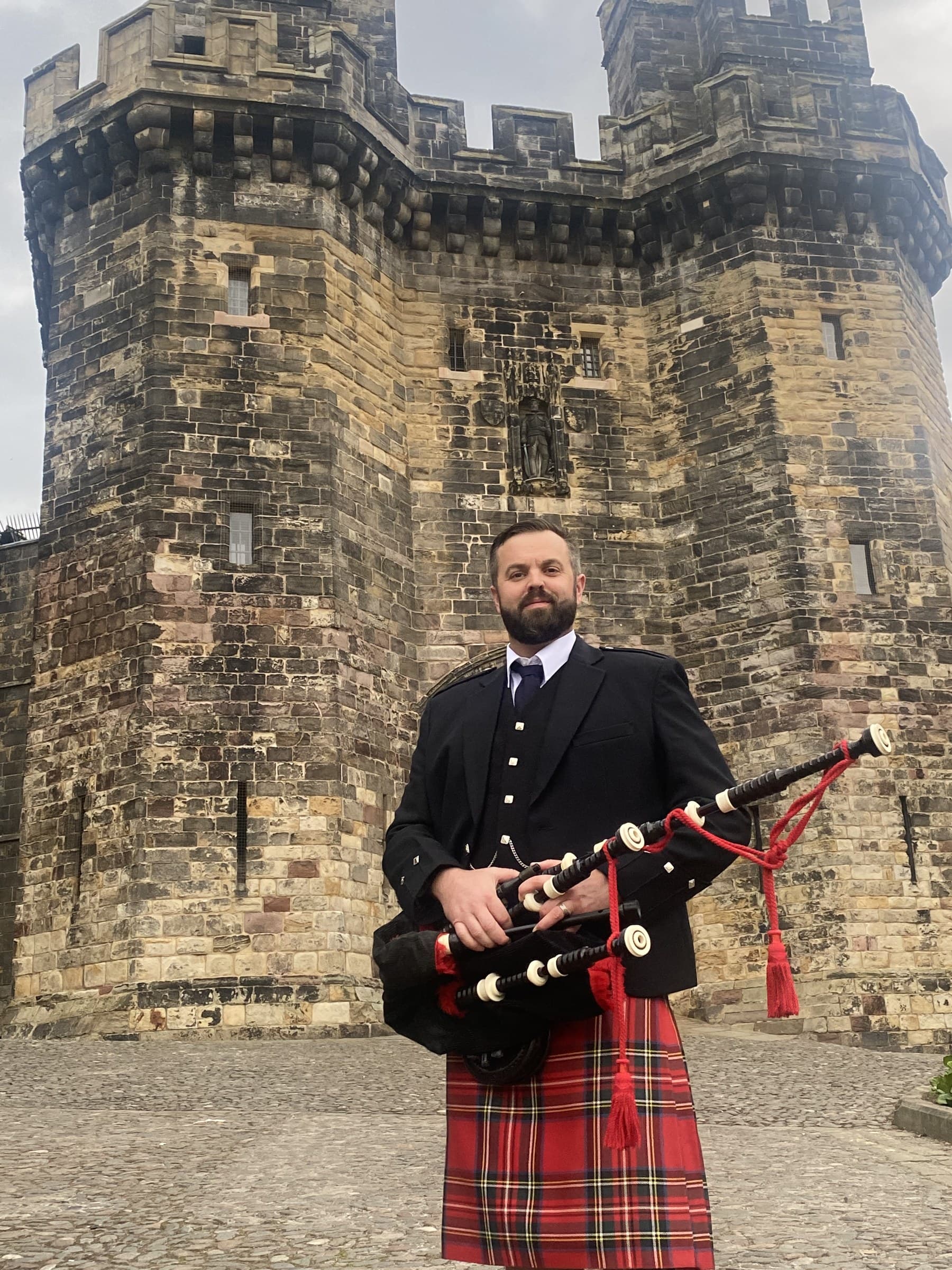 Ryan Guthrie in formal Highland dress at Lancaster Castle